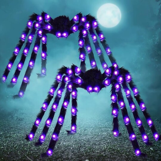 Greentek; 2 Pack 5 Ft Halloween Light Up Spider Decorations, Giant Black Spider with Purple LED Lights, Furry Adjustable Legs, Large Halloween Yard Props for Lawn Porch Garden Tree Indoor Outdoor Haunted House Decor; Category:Halloween Doormats; Image:1